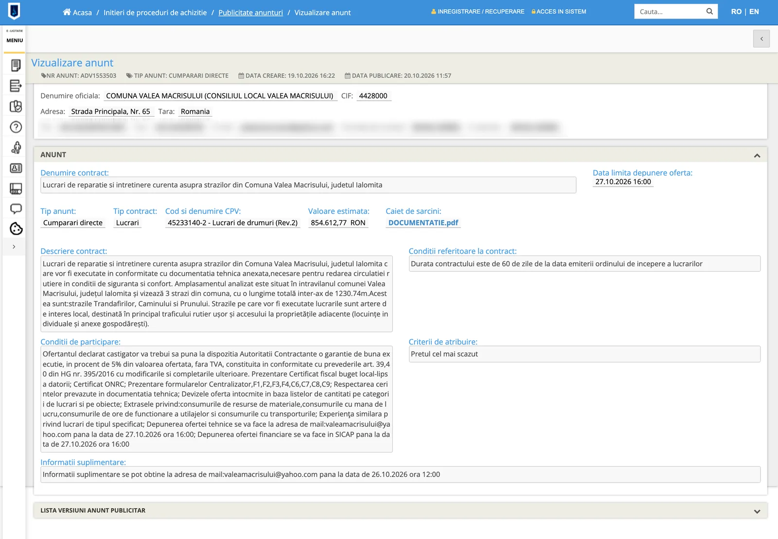 Un anunț de achiziție directă din SEAP pentru lucrări de reparații de străzi, cu data limită, valoarea estimată, caietul de sarcini, condițiile de participare și criteriul de atribuire