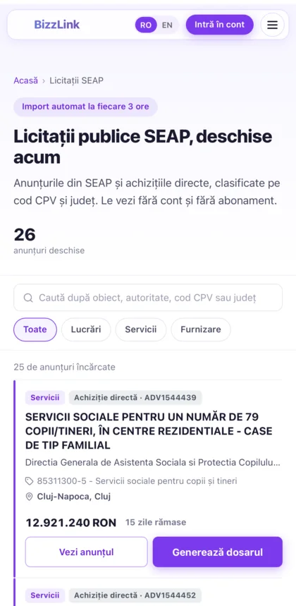 Lista licitațiilor SEAP deschise, în aplicația BizzLink