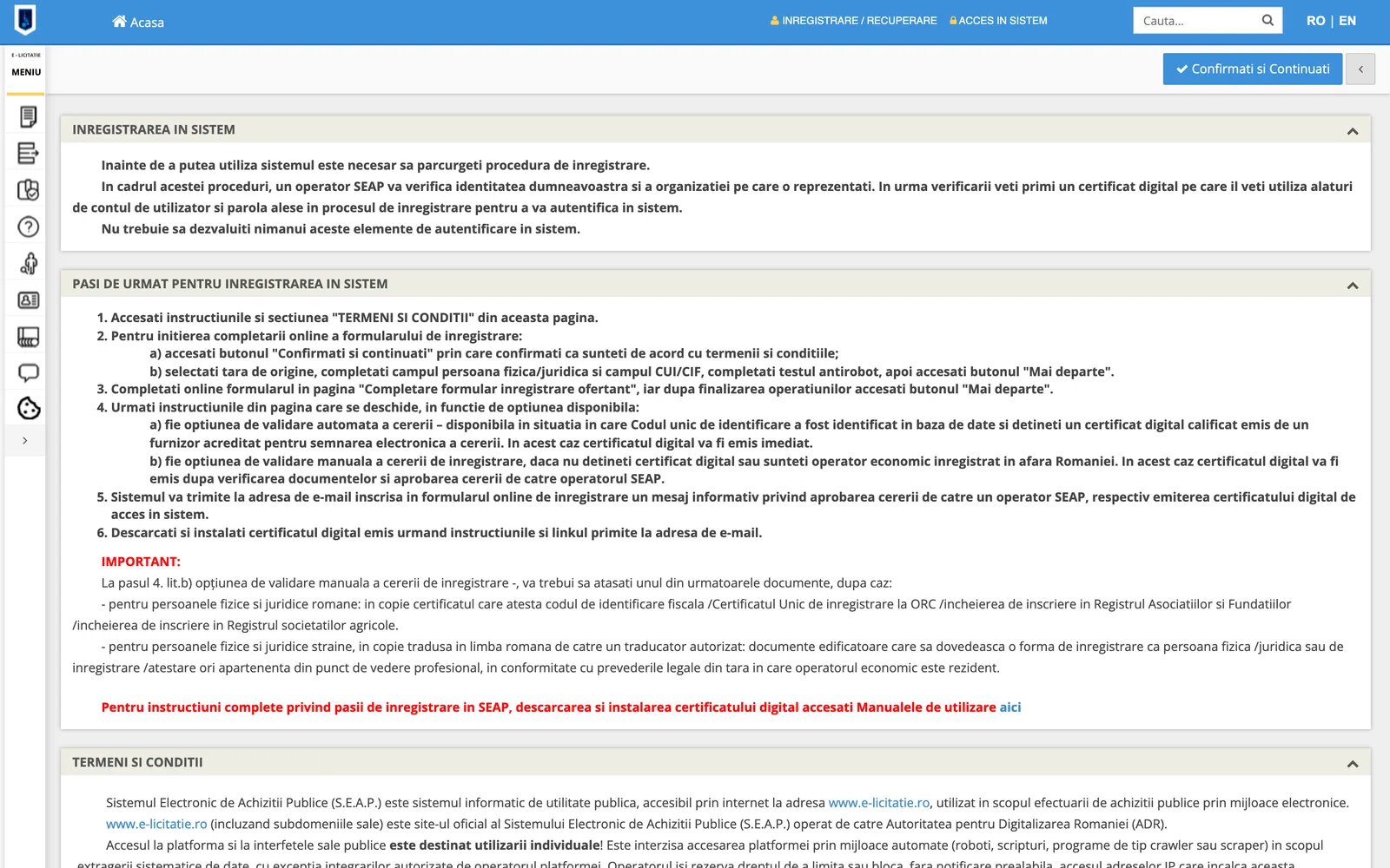 Pagina SEAP cu pașii de înregistrare a ofertantului și butonul Confirmați și Continuați