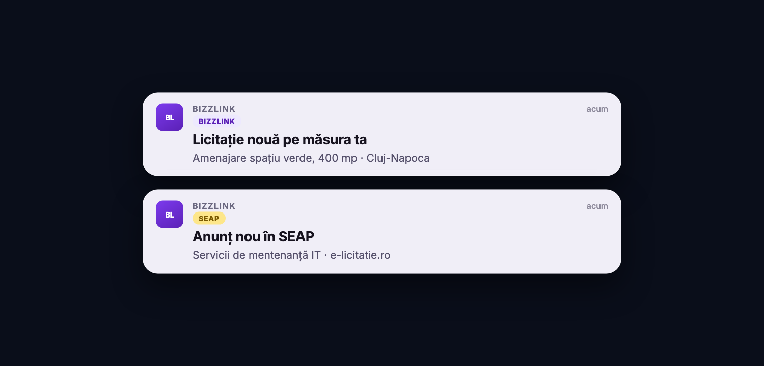 Notificări push pentru licitații noi de pe BizzLink și din SEAP