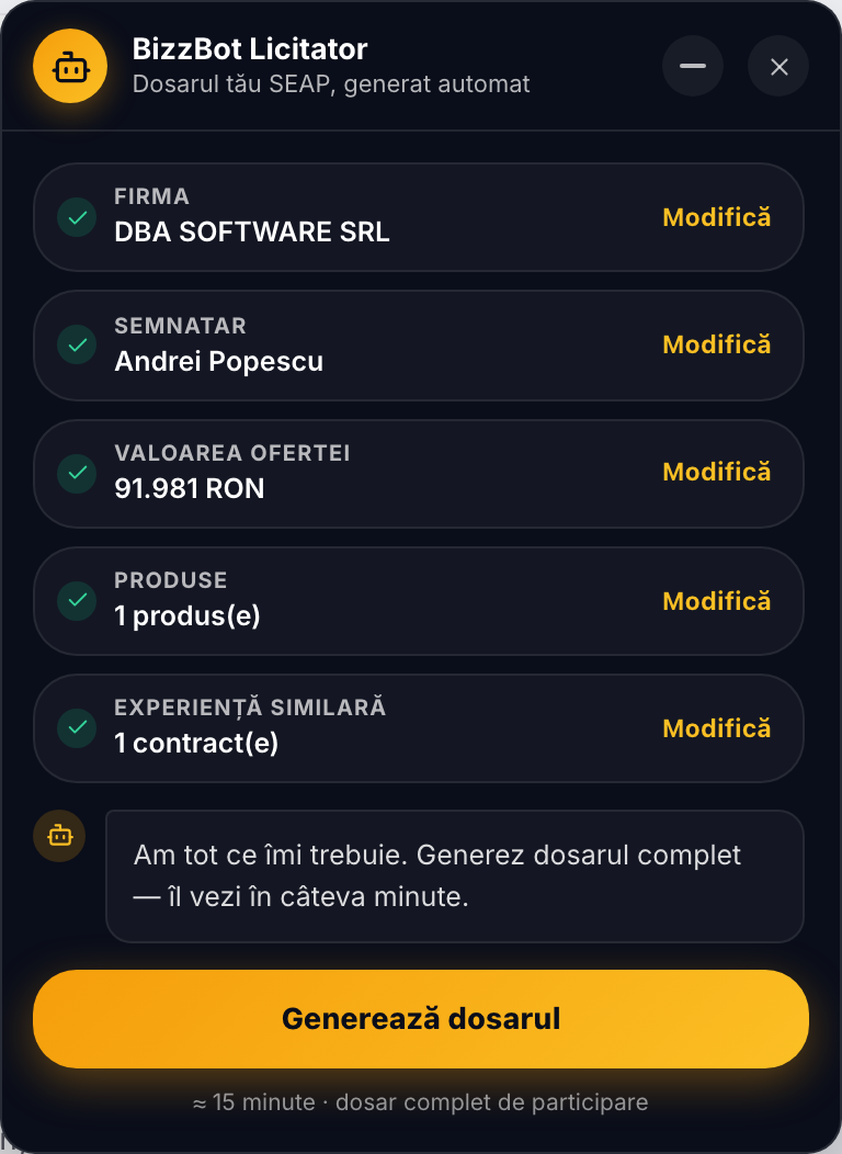 Sumarul conversației: firma, semnatarul, valoarea ofertei, produsele și experiența similară