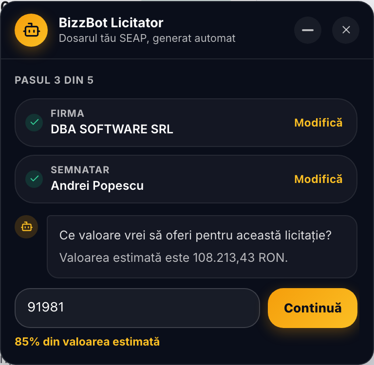 Întrebarea despre valoarea ofertei, cu procentul din valoarea estimată calculat în timp real