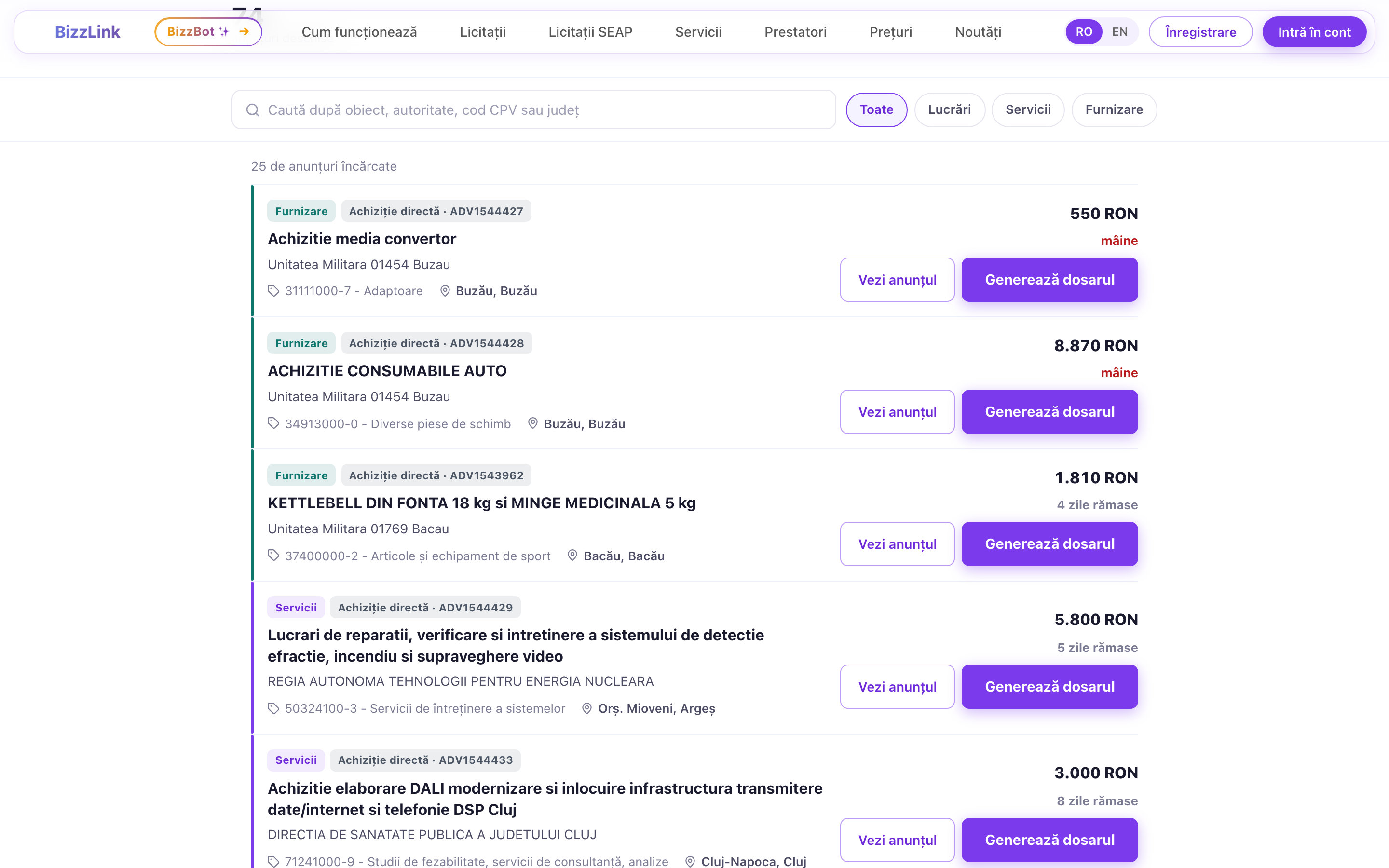Pe pagina Licitații SEAP, fiecare anunț are butonul „Generează dosarul”, care deschide chatul direct pe licitația respectivă