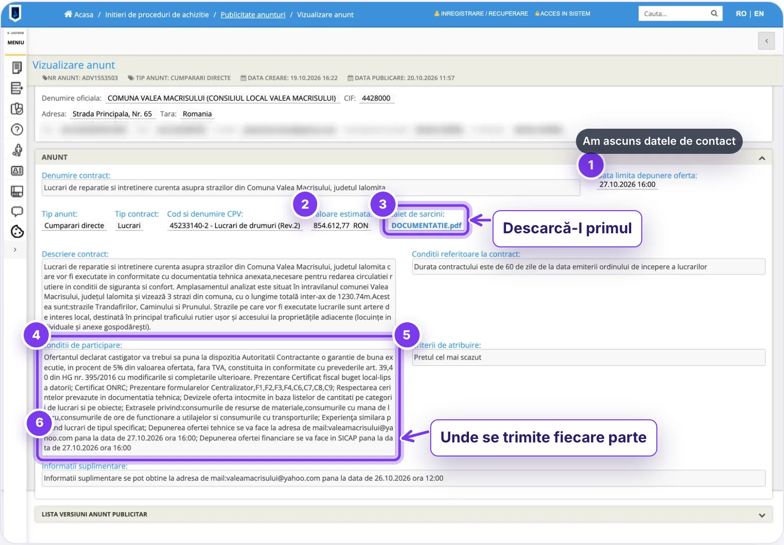 Un anunț de achiziție directă din SEAP, cu data limită, caietul de sarcini și condițiile de participare marcate